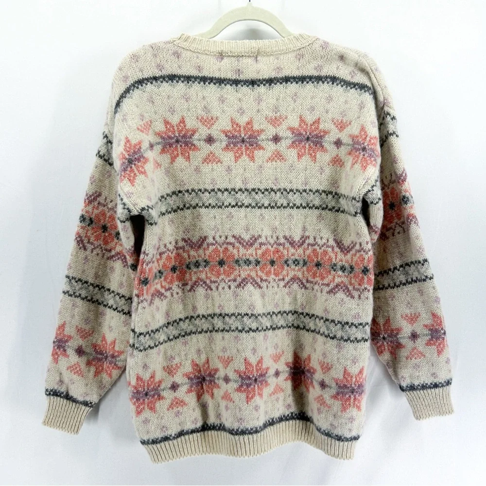 Vintage Eddie Bauer Cream Pink Wool Snowflake Fair Isle Christmas Sweater
